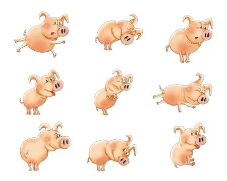 Funny pig in various poses, set of cartoon illustrations. Stock Illustration