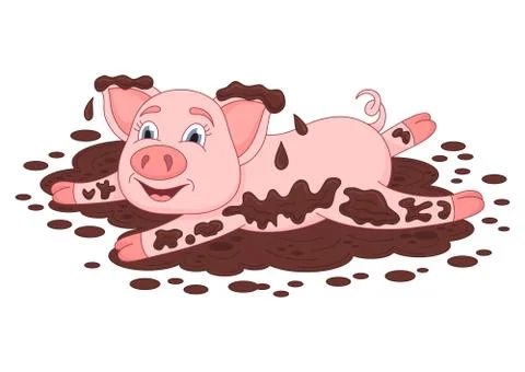 Funny piggy lies and smiling on dirt puddle Stock Illustration
