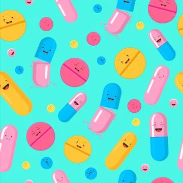 Funny pills seamless pattern. Red yellow cute smiling medicines pink blue Stock Illustration