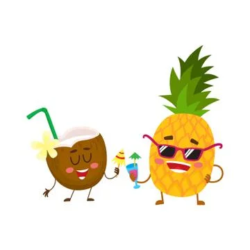 Funny pineapple and coconut characters drinking cocktails, having fun Stock Illustration