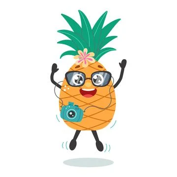 Funny pineapple character with camera on vacation. Stock Illustration