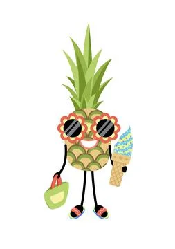 Funny pineapple character with ice cream and sunglasses in shape of flowers Stock Illustration