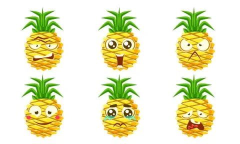 Funny Pineapple Emojis Characters Set, Cute Tropical Fruit with Various Emotions Stock Illustration