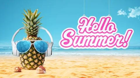 Funny pineapple having fun at the beach Stock Photos