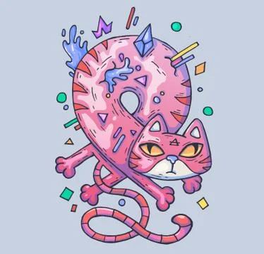 Funny pink cat twisted into a loop. Cartoon illustration for web and print. Stock Illustration