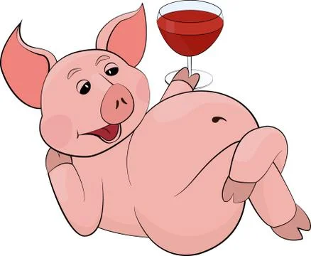 Funny pink drinking lying down, red juice or wine in a glass goblet Illustrazione stock