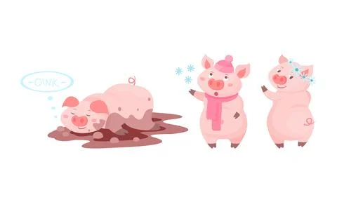 Funny Pink Pig Lying in Mud Puddle and Walking in Winter Vector Set Stock Illustration