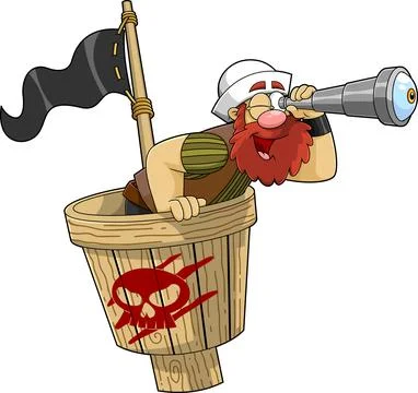 Funny Pirate Cartoon Character Using A Telescope In A Crows Nest Stock Illustration