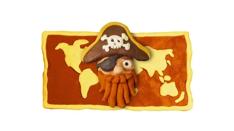 Funny Pirate Had, Map and Pistols. Pirate Party. Clay animation. 4K Stock Footage 73207513