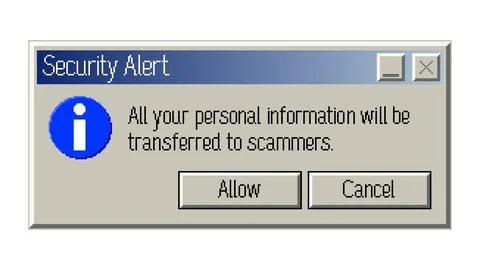 Funny pixel security alert popup warning about scammers, retro vector illus.. イラスト素材