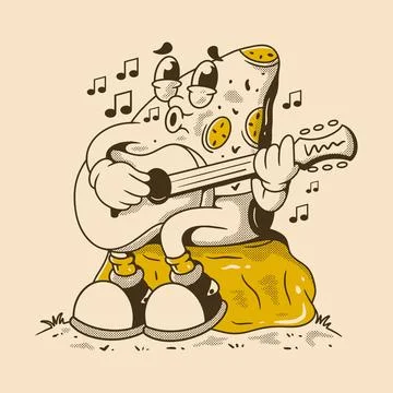 Funny Pizza Slice character Playing Guitar with Retro Comic Art Style Ilustración de archivo