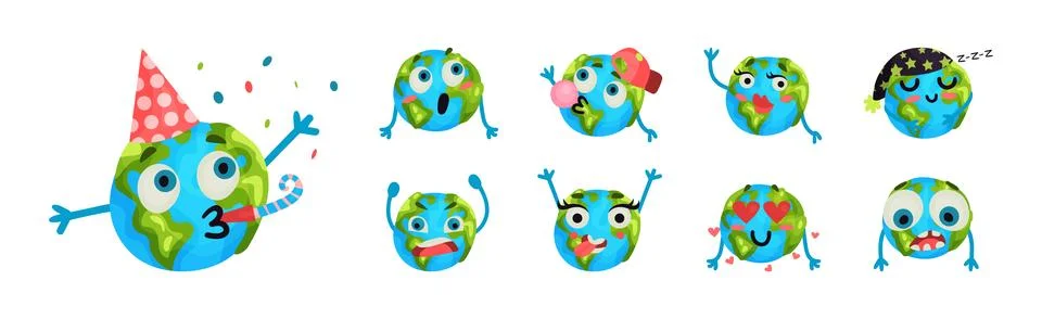 Funny Planet Earth with Face Expression and Arms Vector Set Stock Illustration
