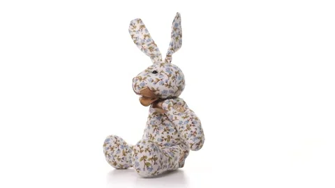 Funny plush multi-colored toy rabbit is spinning on white background on Stock-Footage 148515071