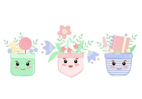Funny pockets with eyes. A set of cute kawaii Stock Illustration