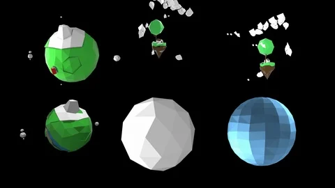 Funny polygonal models of different planets and floating islands in cartoon Stock Footage 125640765