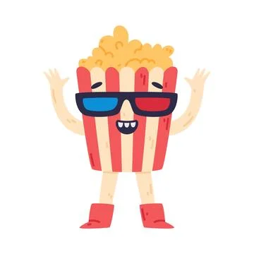Funny Popcorn Character with Smiling Face Wear 3D Glasses Vector Illustration Stock Illustration