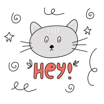 Funny postcard with a gray cat and the word hey Stock Illustration