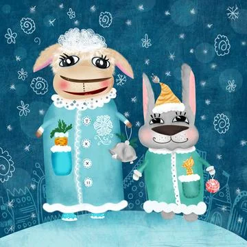 Funny postcard with sheep and rabbit Stock Illustration