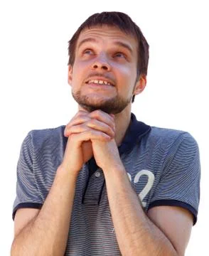 Funny praying guy on white background Stock Photos