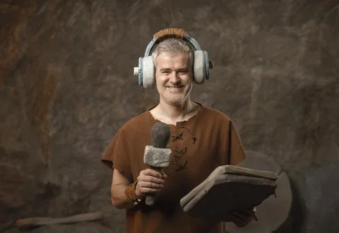 Funny Prehistoric Caveman Broadcasting with Primitive Stone Headphones and .. Stock Photos