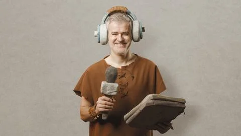 Funny Prehistoric Caveman Broadcasting with Primitive Stone Head Stock Photos