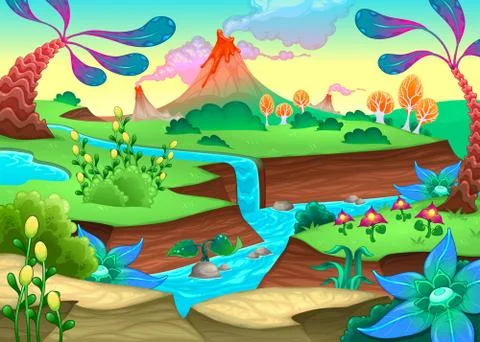 Funny prehistoric landscape with river and volcanoes Stock Illustration