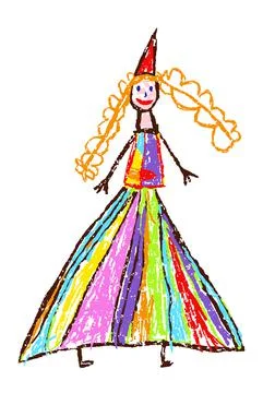Funny princess or queen. Crayon like kid`s hand drawn fairy. Stock Illustration