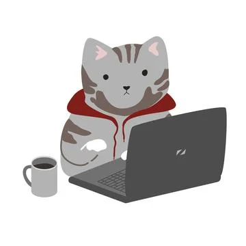 Funny programmer cat in red hoodie working at a laptop with a cup of coffee.  Stock Illustration