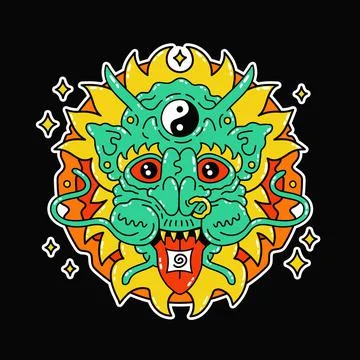 Funny psychedelic magic dragon with acid lsd mark on tongue. Weed marijuana leaf Illustrazione stock