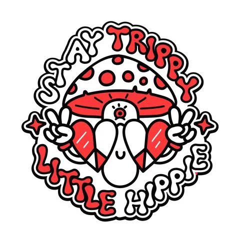 Funny psychedelic magic mushroom show peace gesture sign. Stay trippy little Illustrazione stock