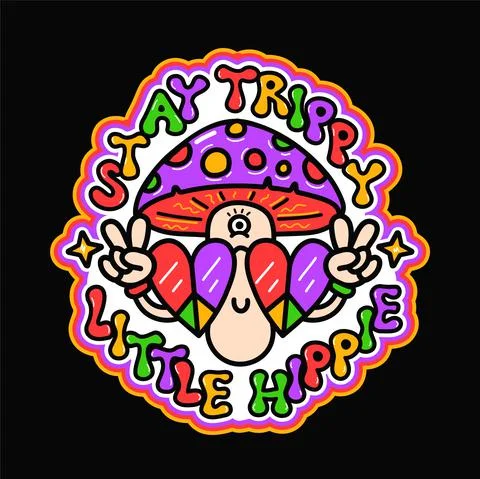 Funny psychedelic magic mushroom show peace gesture sign. Stay trippy little Stock Illustration