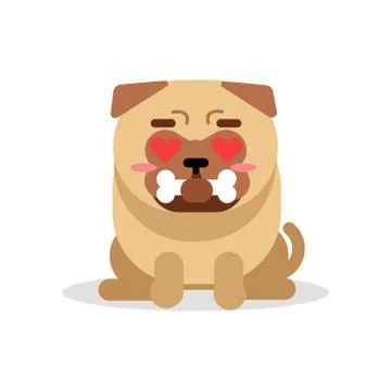 Funny pug dog character sitting and holding bone in its mouth vector イラスト素材