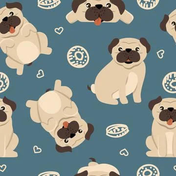 Funny pug pattern on a blue background, vector illustration in a flat style. For Stock Illustration