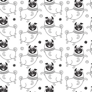 Funny pugs seamless pattern. Vector background with a joyful dog for design Stock Illustration