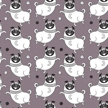 Funny pugs seamless pattern. Vector background with a joyful dog for design Stock Illustration