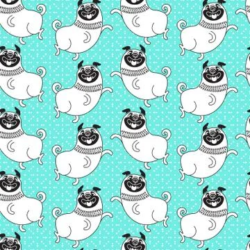 Funny pugs seamless pattern. Vector background with a joyful dog for design Illustrazione stock