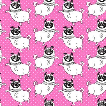 Funny pugs seamless pattern. Vector background with a joyful dog for design Stock Illustration