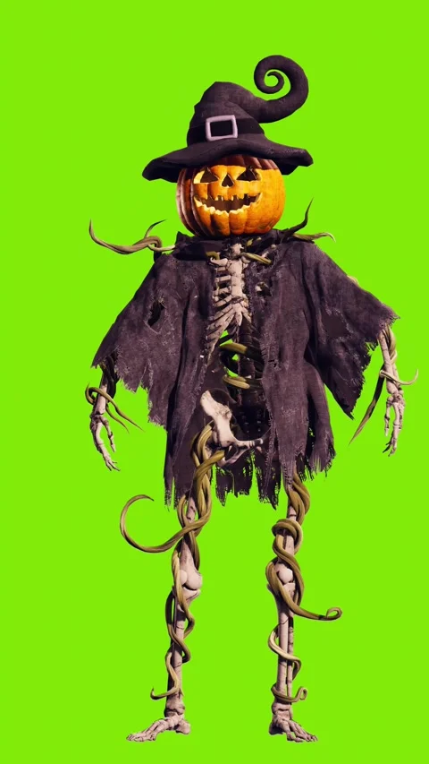 Funny Pumpkin Jack O Lantern with skeleton body dancing on green screen Stock Footage 285621250
