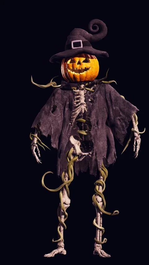 Funny Pumpkin Jack O Lantern with skeleton body dancing on black screen Stock Footage 285621255