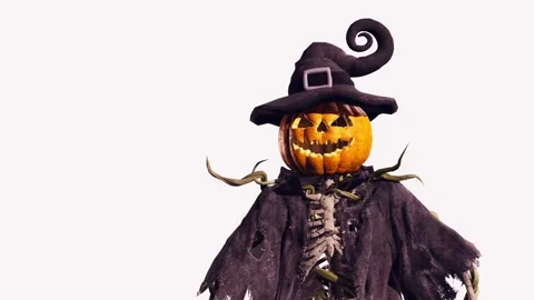 Funny Pumpkin Jack O Lantern with skeleton body dancing on white screen Stock Footage 285621292