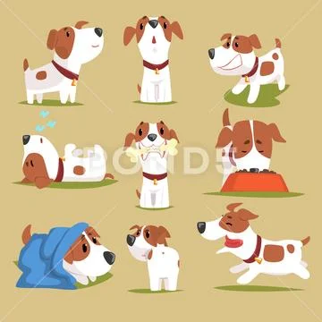 Funny puppy daily routine set, cute little dog in his evereday activity colorful Stock Illustration
