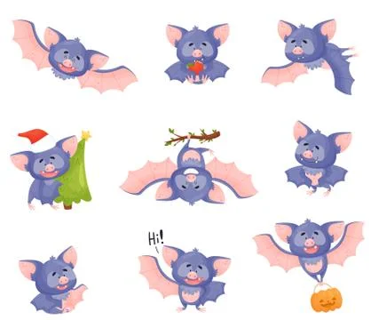 Funny Purple Bat Character in Different Poses Vector Set Stock Illustration