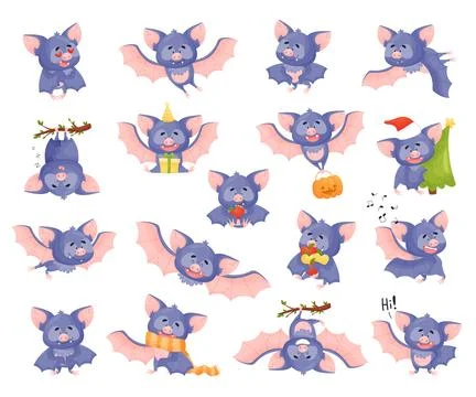 Funny Purple Bat Character in Different Poses Big Vector Set Stock Illustration