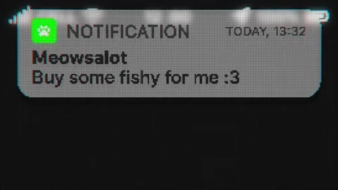 Funny Push Notification from cat to buy food appear on old display. Pixeled text Video stock 142928020
