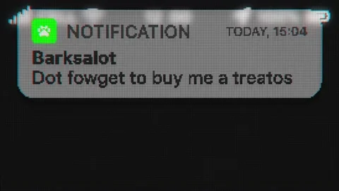 Funny Push Notification from dog to buy food appear on old display. Pixeled text Video stock 142927952