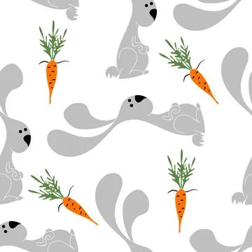 Funny rabbit with carrot seamless pattern on white background. Stock Illustration