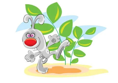 Funny rabbit character on a background of green bush, cartoon illustration, v Illustrazione stock