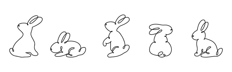 Funny rabbits. Easter bunny continuous one line drawing. Black and white contour Stock Illustration