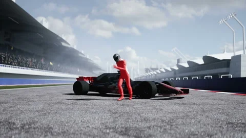 Funny racer is dancing on stadium. Realistic 4k animation. Stock Footage 161089093