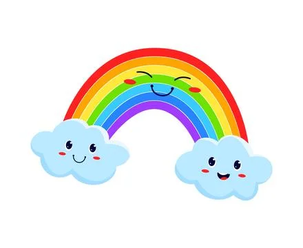 Funny rainbow and smiling clouds, cute characters Stock Illustration